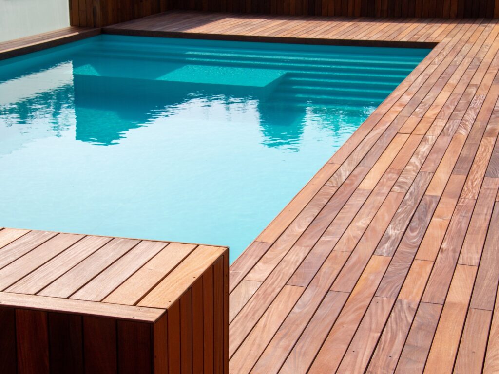 Freshly refinished wood deck surface