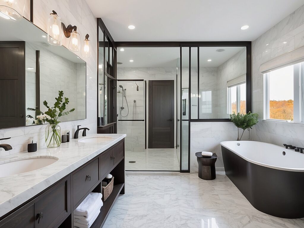 Tile installer laying bathroom floor tiles