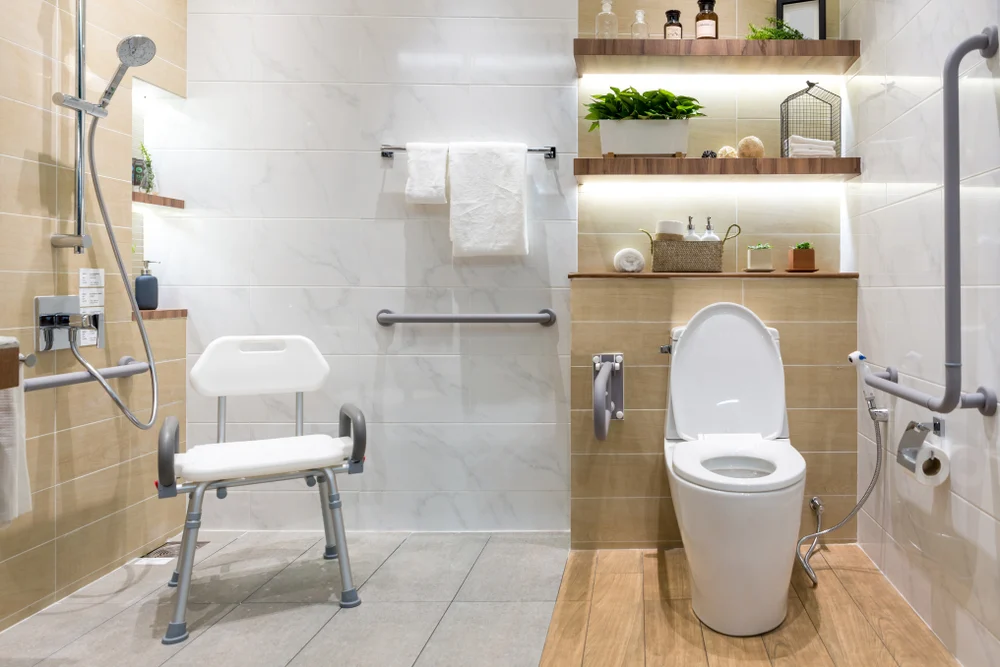 Accessible bathroom with grab bars and walk-in shower